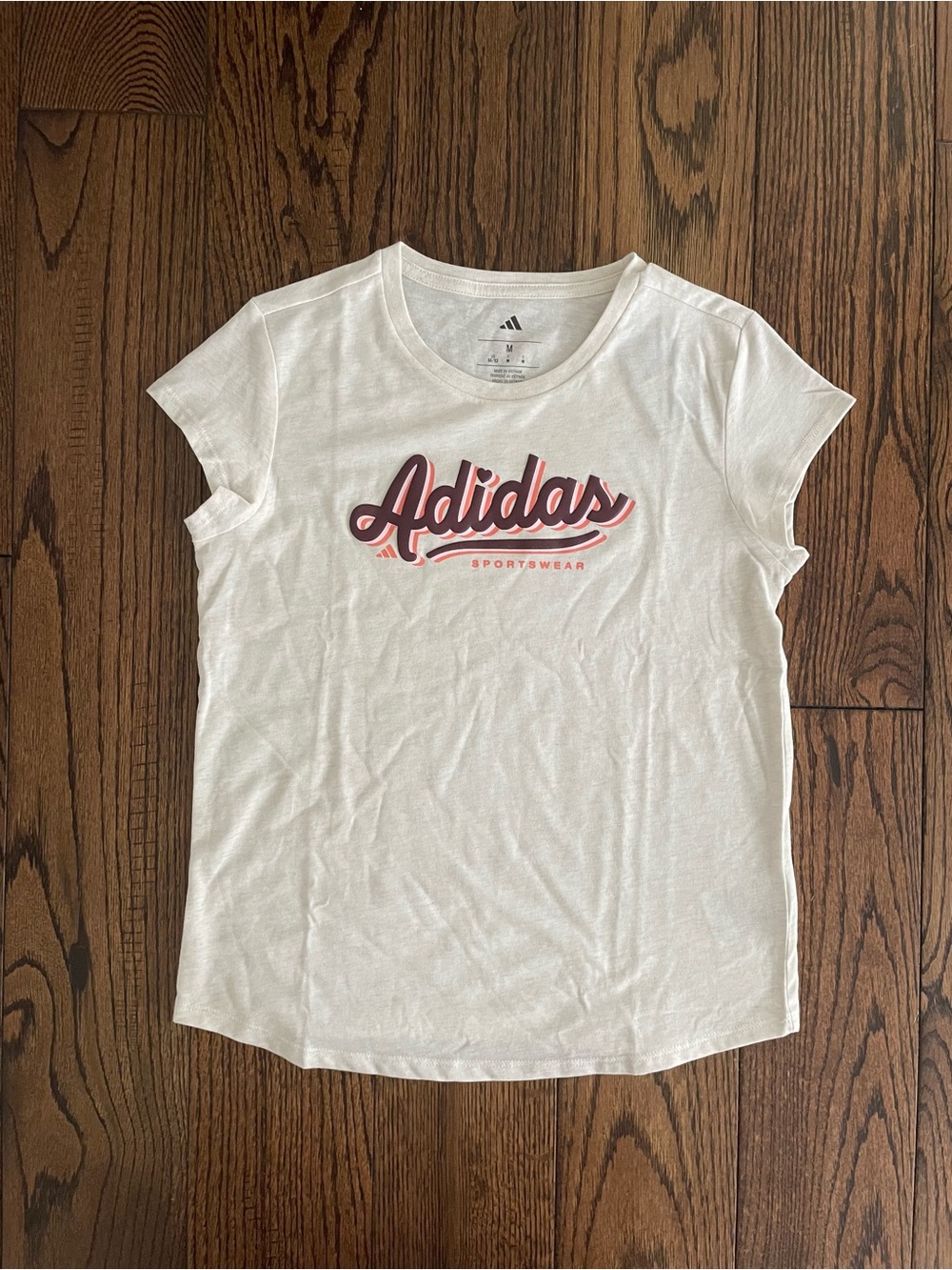 adidas White Tee with Pink Script Logo